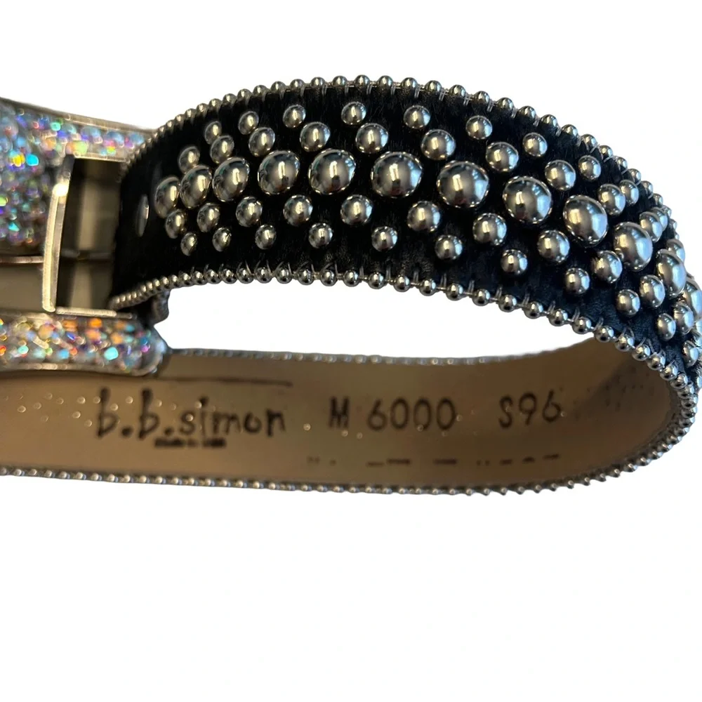 B.B. Simon M6000 Black Leather Belt with Silver and Iridescent Accents - Picture 6 of 12